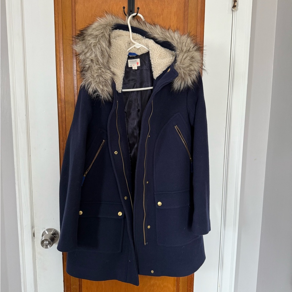 Jcrew Navy Wool coat with Faux Fur Hood
